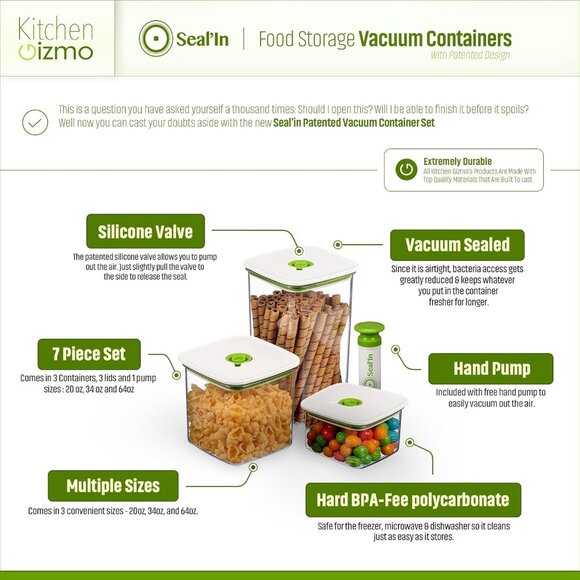 Seal'In Food Storage Vacuum Containers - Set of 3 - Vacuum Sealed - Picture 2 of 9